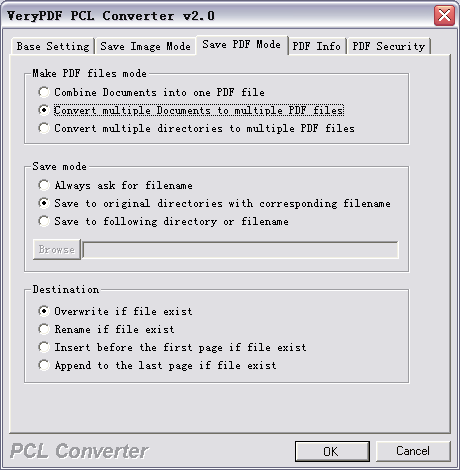 PDF Conversion's settings for PCL to PDF Converter